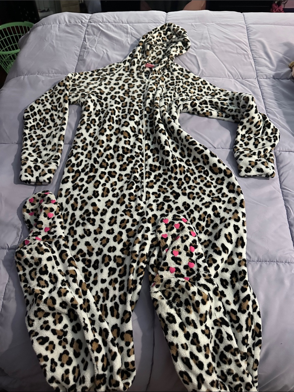 Jenni Leopard Print Hooded Onesie Pajamas with Pink Accents